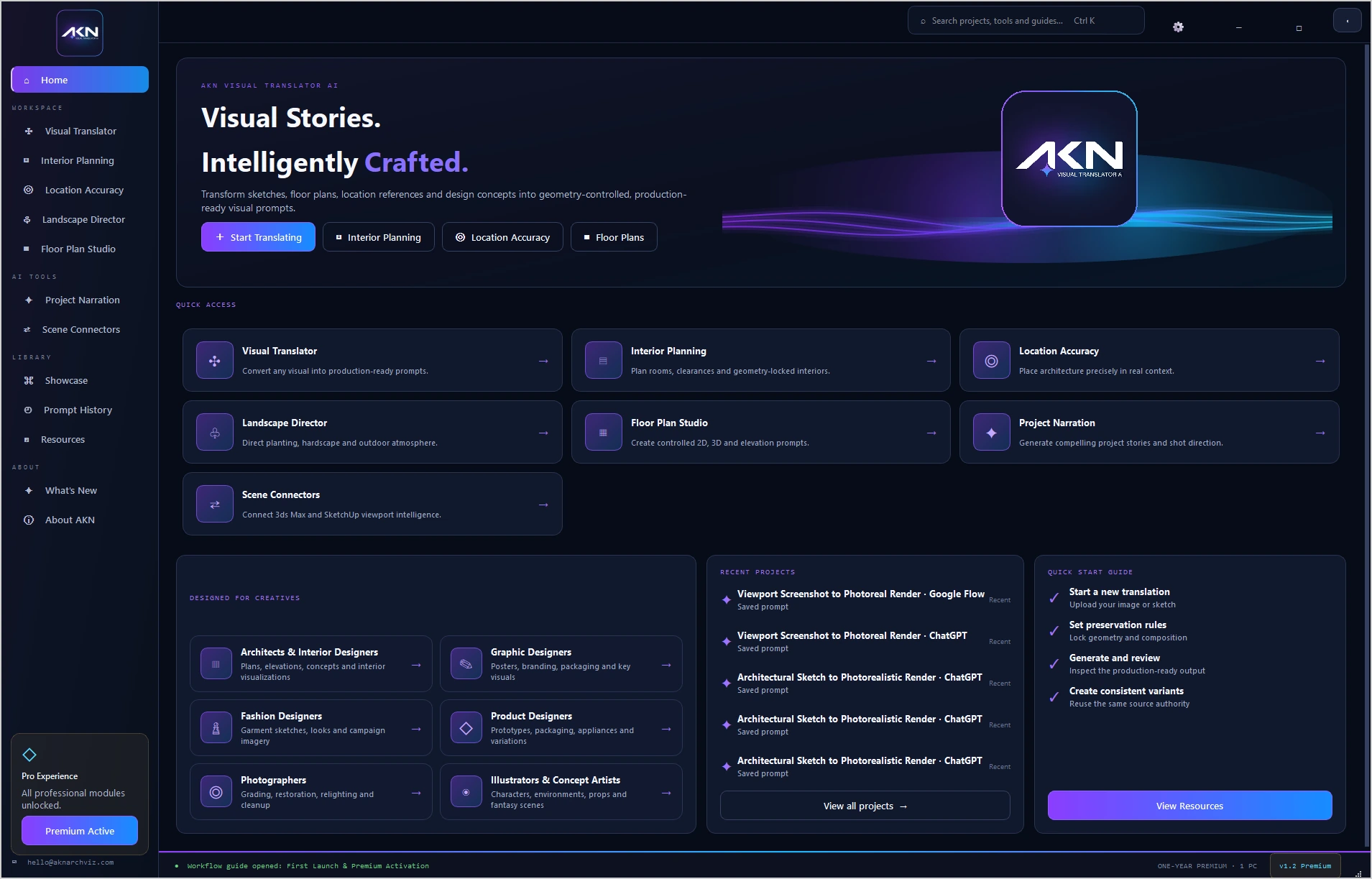 Current AKN Visual Translator AI application dashboard and workspace layout