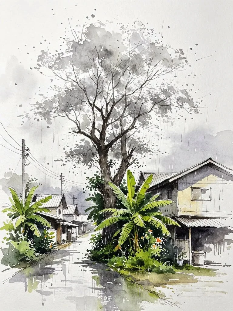 Watercolor village street source