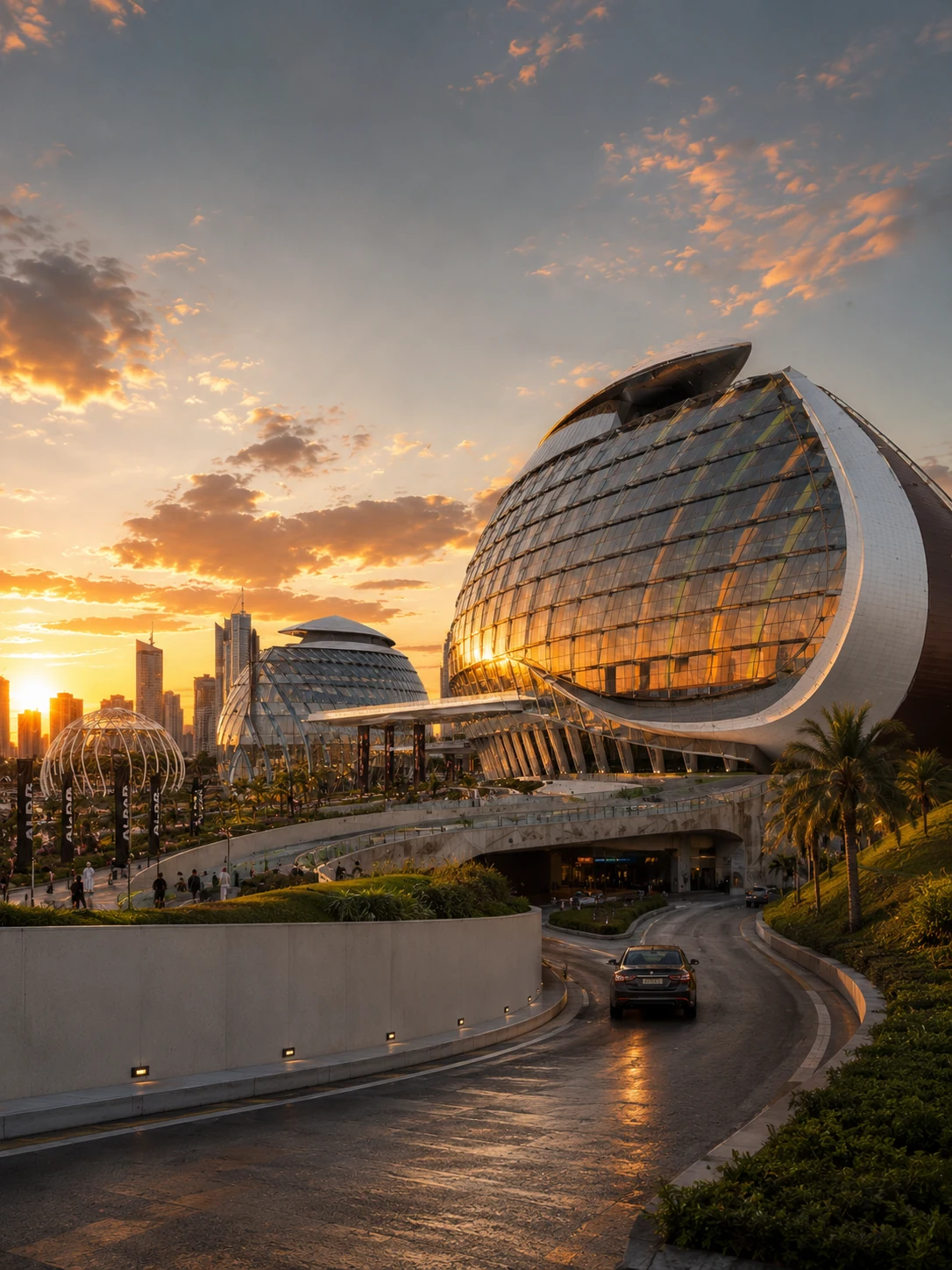 Vertical golden-hour architectural render detail